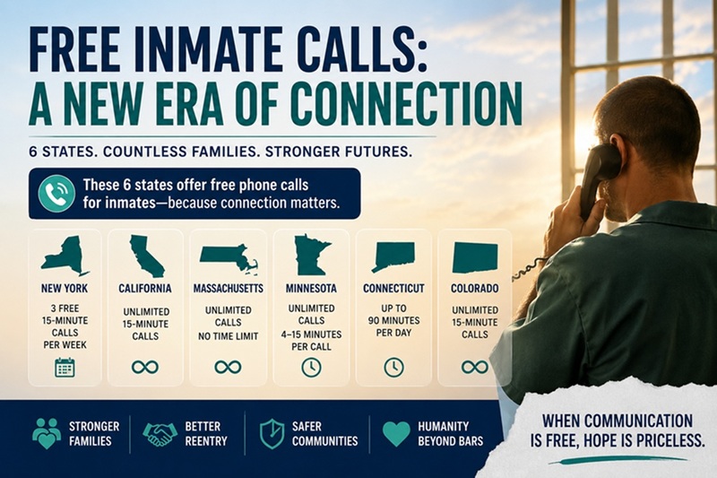 Infographic showing six U.S. states offering free inmate phone calls, featuring a prisoner speaking on a phone inside a correctional facility with details about free calling policies in New York, California, Massachusetts, Minnesota, Connecticut, and Colorado.