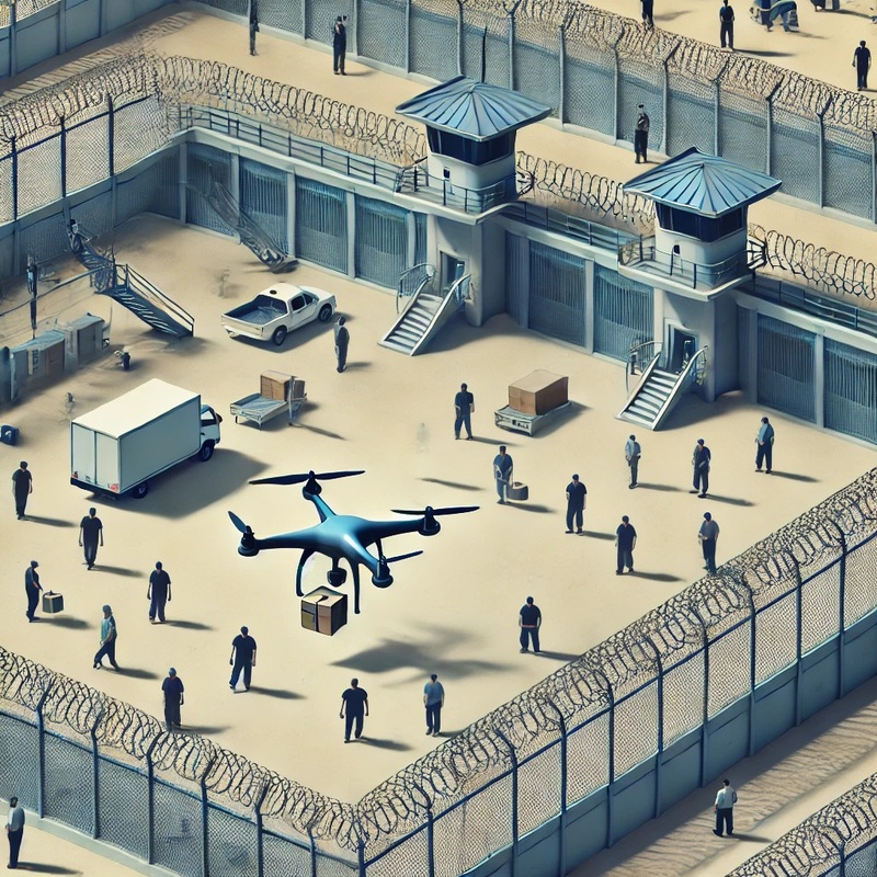 Depiction of a drone carrying a brown box being flown over a prison yard, a method used to sneak contraband.